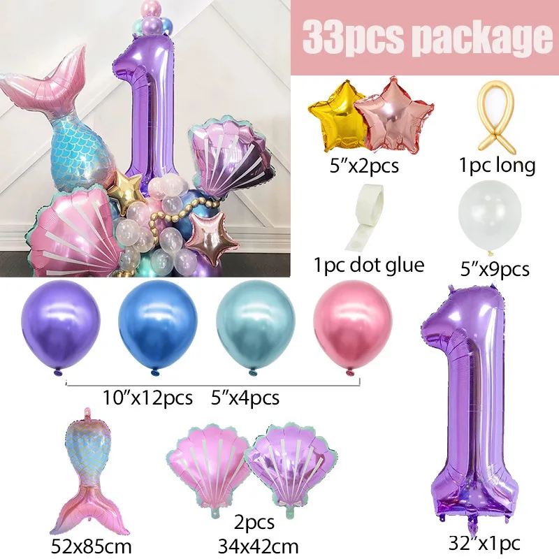 Mermaid Purple Number Balloon Set Mermaid Themed Seashell Children\'s Birthday Party Decoration Balloons Wholesale