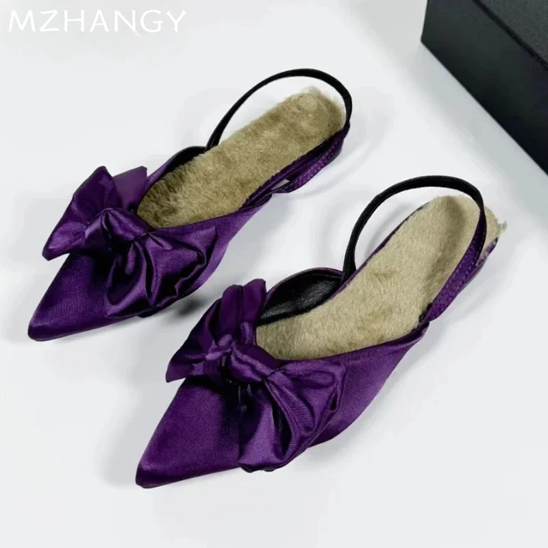 

Шлепанцы женские с бантом, заостренный носок, Повседневная Роскошная обувь, элегантные сланцы, для вечеринки, осень 2025