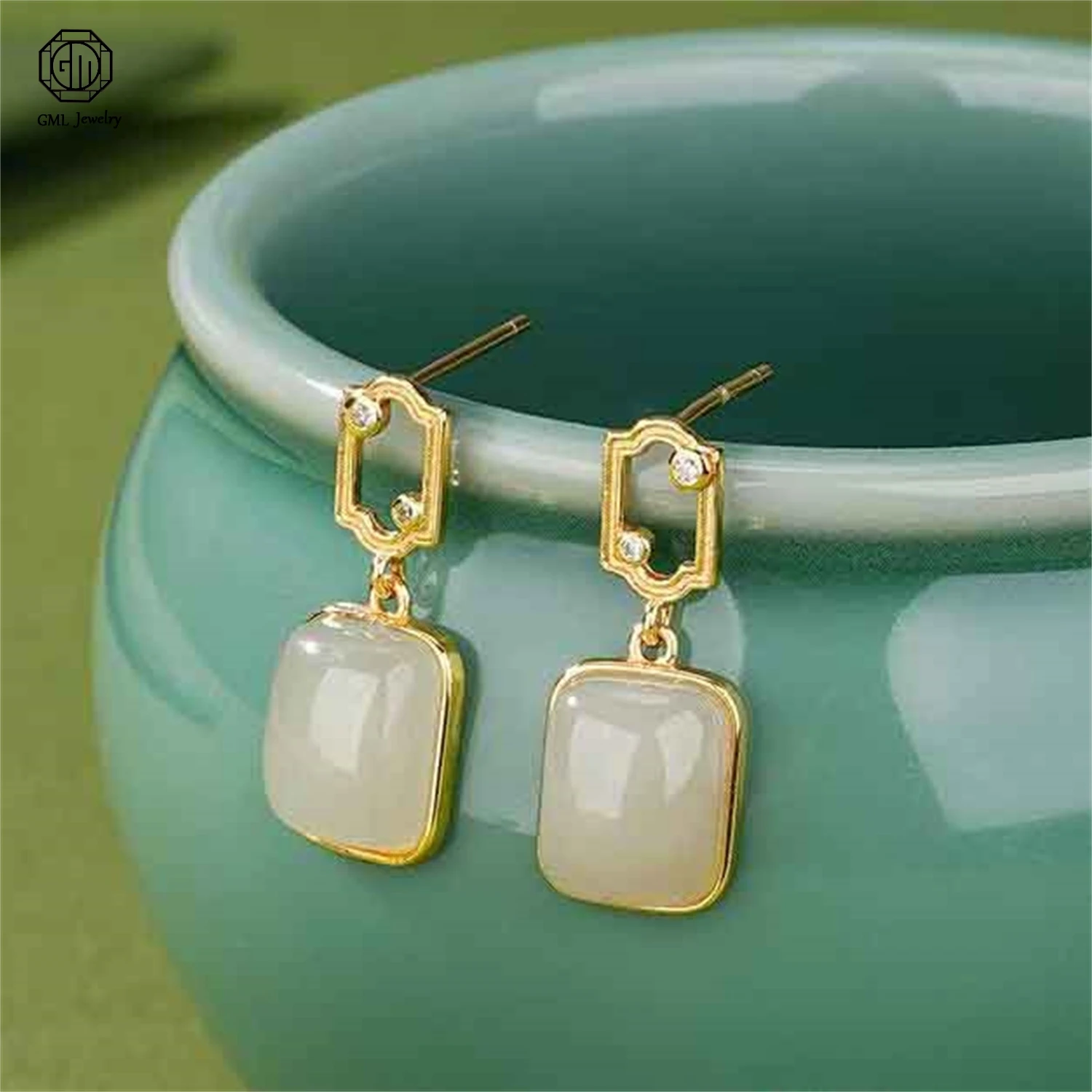 Natural Hetian Jade Ruyi Lock Earrings 925 Sterling Silver Ethnic Vintage Square Sugar Stud Women Premium Earrings Jewelry Gift
