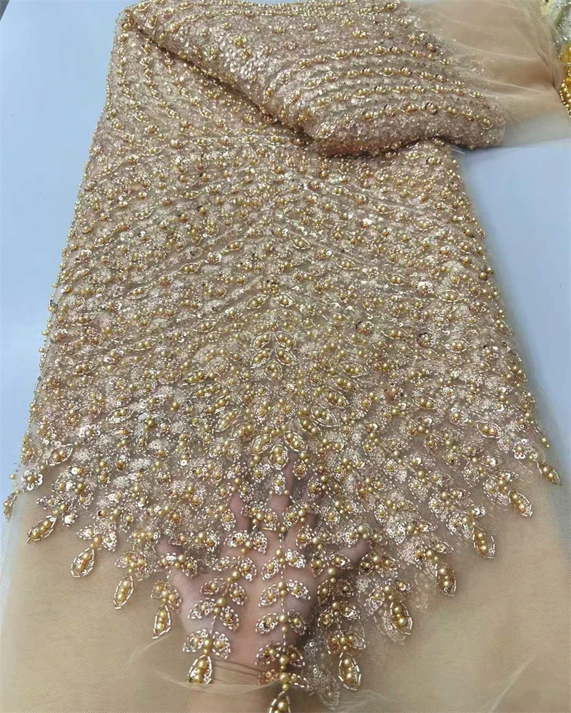 

Wholesale Nigerian Gold Lace Fabrics Fashion Women African Tulle Lace Luxury Handmade Beaded Sequins Fabrics For Wedding
