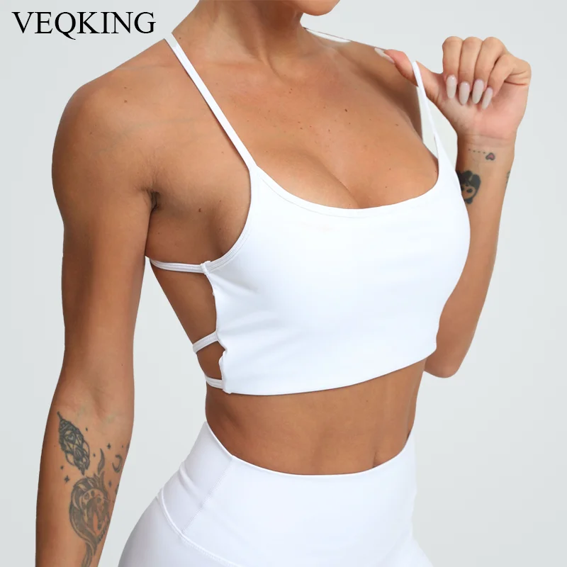 VEQKING Sexy Cross Back Straps Sports Bra Quick Drying Yoga Top Open Back Gym Fitness Top Breathable Workout  Active Wear Women