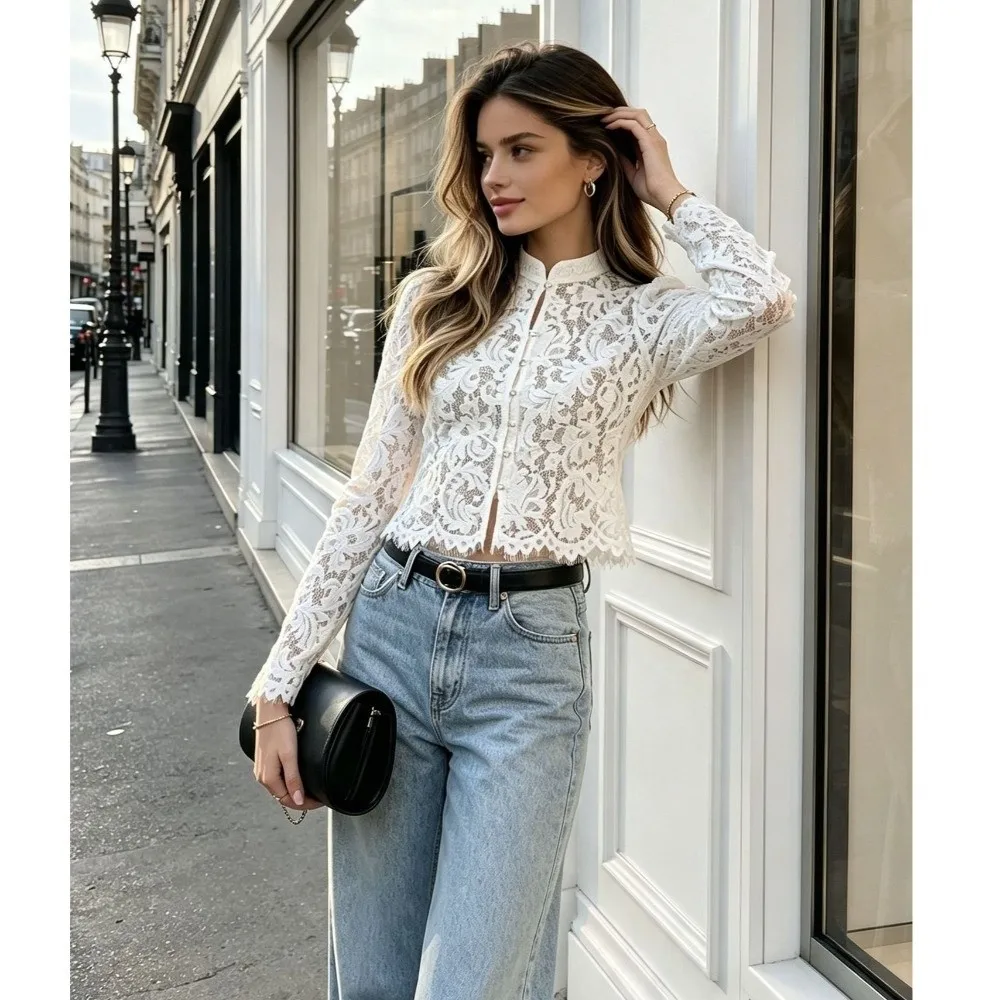 Solid White Color Floral Lace Blouse Floral Weave Front Button Closure Long Sleeve Top Sheer Lace Scallop Hem
