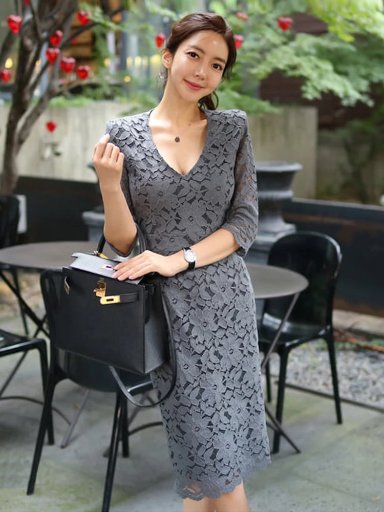 Eleganckie sukienki midi dla kobiet, koreańskie, z prześwitującej koronki, z kwiatami, dopasowane, damskie sukienki na imprezę, randkę, vestidos, odzież w stylu biznesowym, wiosenne.