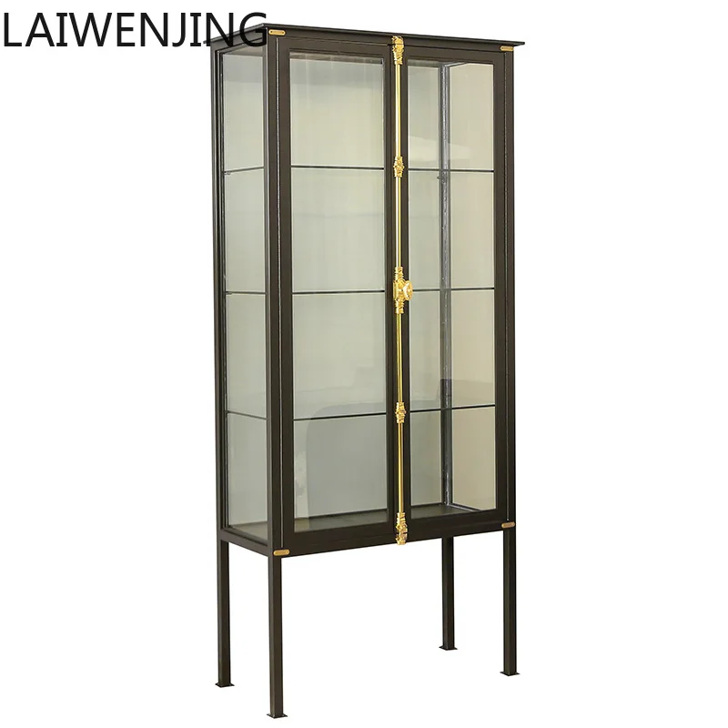 

HLZ retro wrought iron transparent glass display cabinet boutique display cabinet shelf household industrial wine cabinet