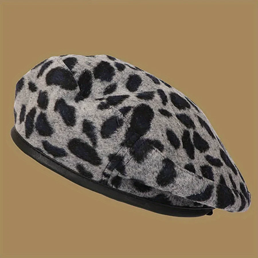 Leopard Print Artist Hat Windproof and Warm Brimless Cap with Adjustable Rope Autumn Retro Beret Winter Casual Fashion Felt Hat