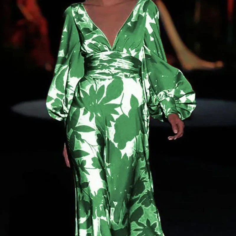 أزياء زهرة مطبوعة اللباس سليم فانوس كم الخامس الرقبة مثير Bodycon فستان زهري