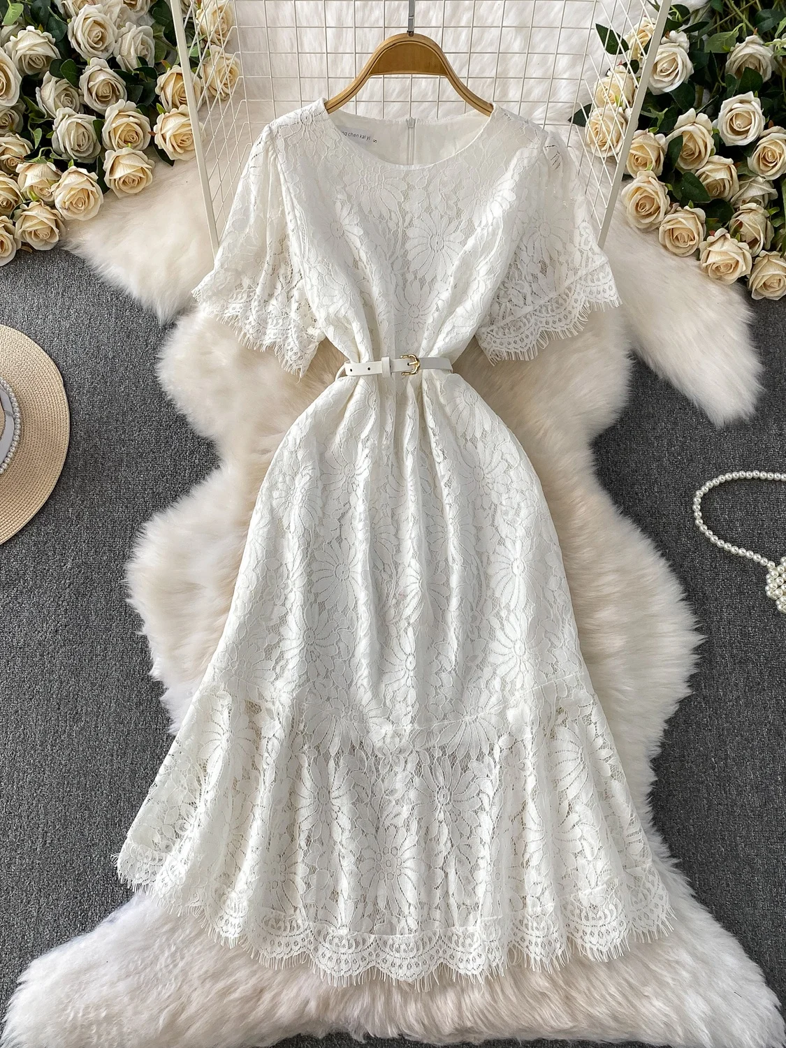 

Женское летнее платье миди с кружевом, круглым вырезом, плиссированное, с завышенной талией, А-силуэт, повседневное, комфортное, приталенное