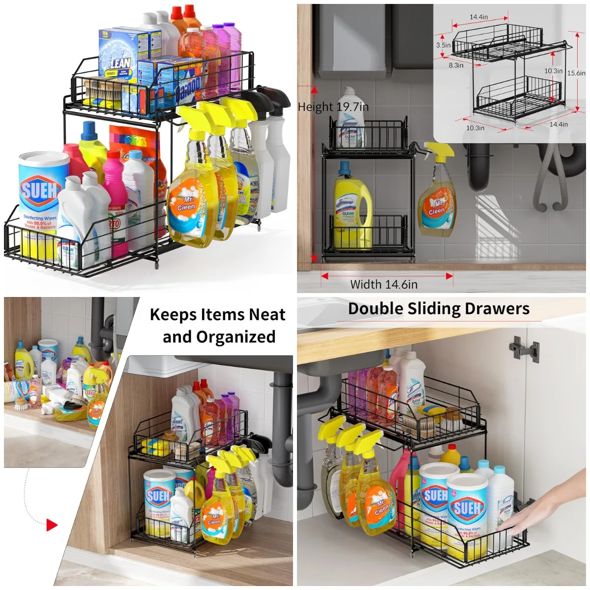 

Under Sink Organizer, 2-Tier Metal Cabinet with Hanging Rail for Kitchen & Bathroom Storage