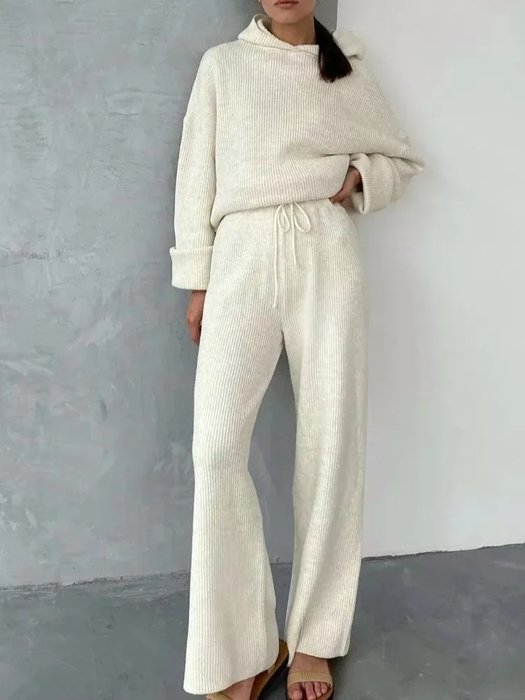 Autumn Winter Women Elegant Knit Sweater Top Pants 2-piece Set Long-sleeved Head Cover Hooded Loose 2 Piece Sets Womens Outfits