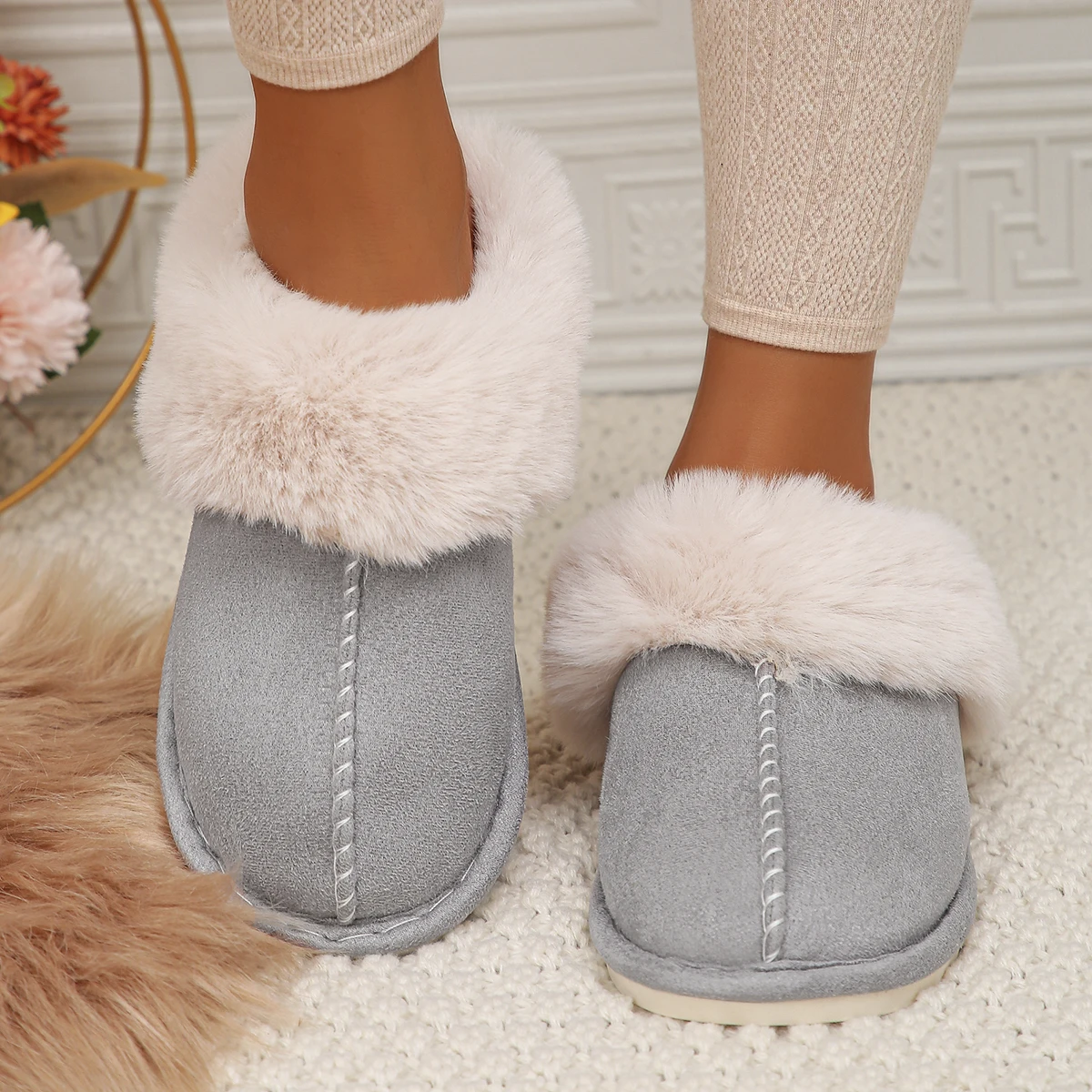 Winter Fluffy Soft Home Slippers for Women Indoor Living Room Warm Cotton Slippers Woman Comfort Non Slip House Shoes Flip Flops