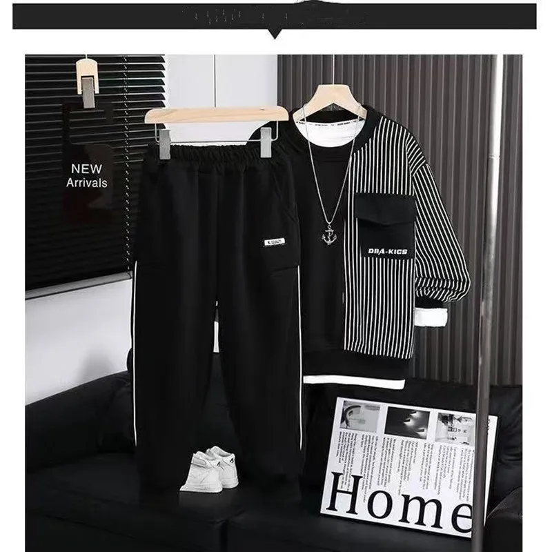 

Spring and Autumn Children's Clothing Set Fashionable 2026 New Boys' Splicing Striped Sports Shirt+Pants Two-piece Set 110-170cm
