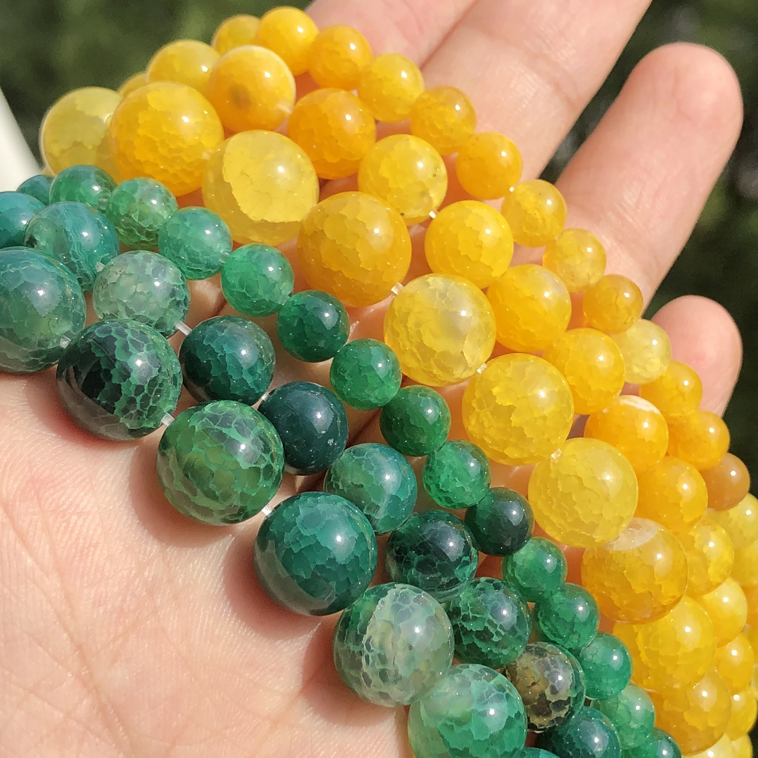 6/8/10mm Natural Stone Cracked Agate Yellow Green Round Bead Loose Spacer Beads for Jewelry Making DIY Unique Bracelets Necklace