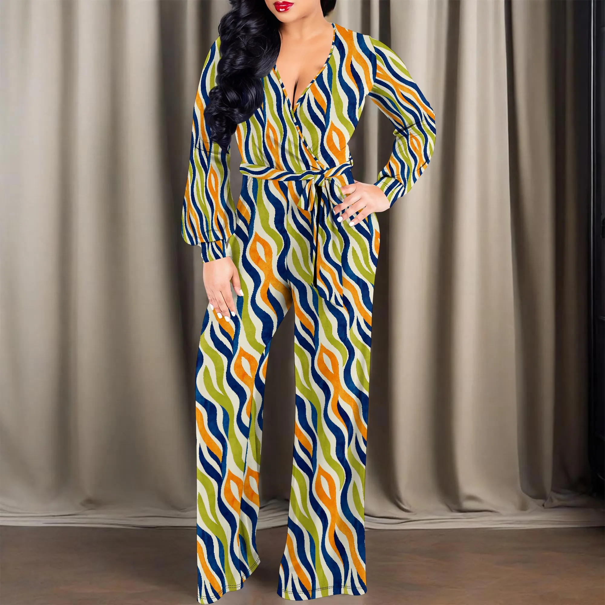 女性の夏の花柄ワイドレッグジャンプスーツカジュアルビーチロンパースロングパンツ