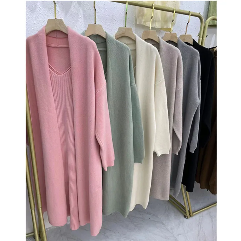 Women Autumn 2023 Solid Color Knit Two Piece Long Cardigan Sexy V Neck Slim Knitted Sweater Dress Overcoat Set Office Lady