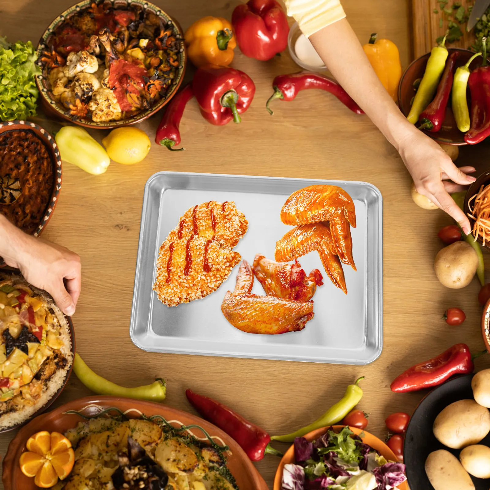 Aluminum Baking Pan 35x22x5cm Thickened Grill Tray Flat Bottom Multi-Functional Oven Roasting Steaming Dishwasher Safe Large