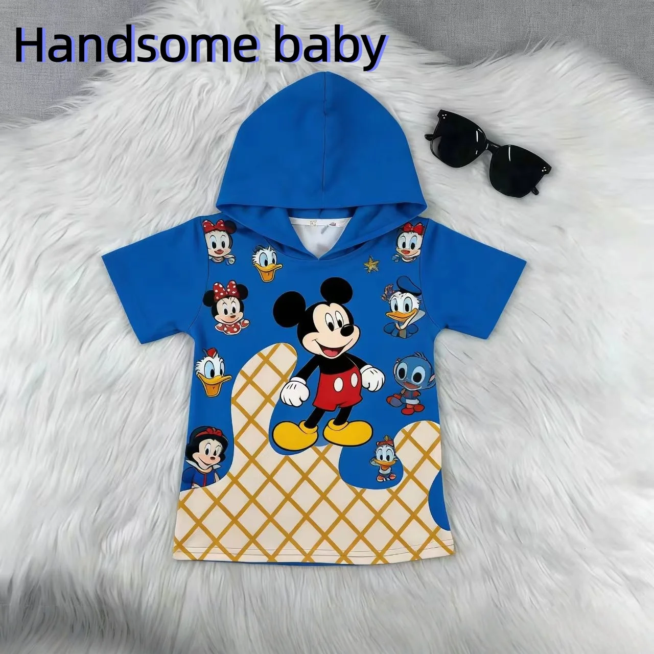 Disney Mickey Mouse Hooded T-shirt for Kids Cute Cartoon Print Short Sleeve Hoodie Boys Girls Summer Casual Tops Sweet Ice Cream