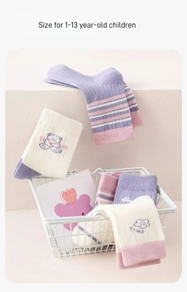 5 Paar Mädchensocken, Frühlings- und Sommer-Baumwollsocken, niedliche Bärensocken für Kinder, 1–14 Jahre, mittelhohe Kindersocken – Detail 7