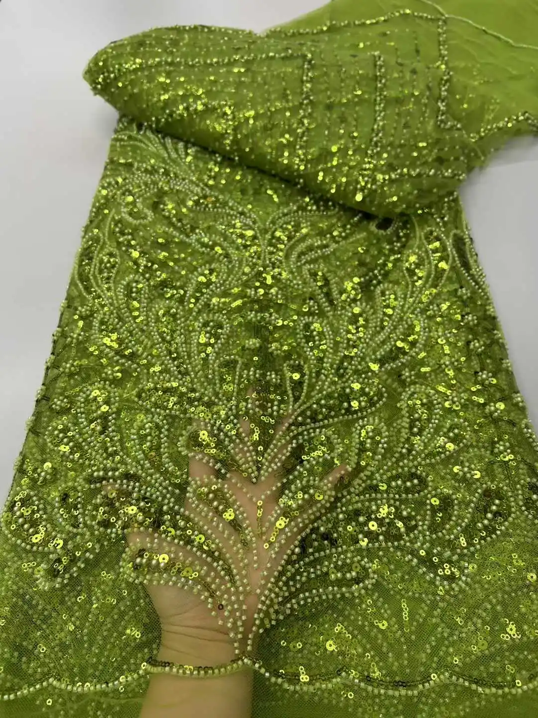 Fashion African Sequins Tulle Embroidered Groom Lace Fabric Beaded High Quality for Nigerian Wedding Dress