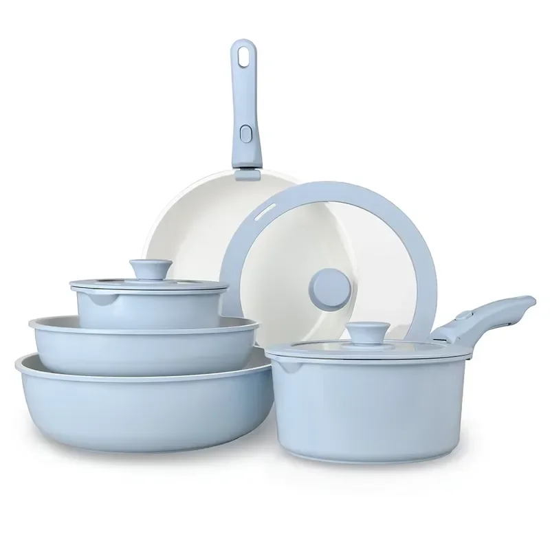 Removable Modern Kitchenware Cookware Set Non-stick Coated Pot Removable Handle Silicone Cover Eco-Friendly Cookware