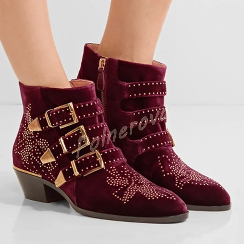 Rivet Multi Buckle Ankle Boots Pointed Toe Block Heel Side Zipper Western Cowboy Short Boots Studded Fashion Daily Ladies Shoes