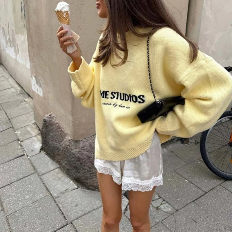 

Deeptown винтажные желтые свитера с маслом, женские элегантные повседневные вязаные пуловеры больших размеров, осень-зима, однотонный свитер с длинными рукавами