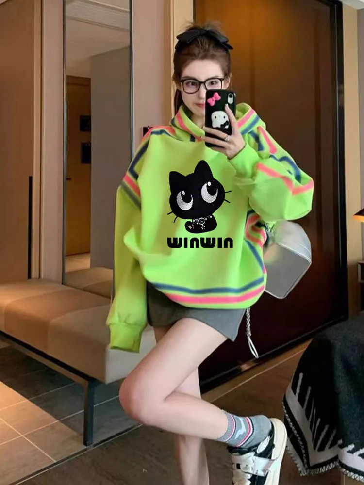 Girl's Loose Hoodie Korean Style Thin Cat Print Color Graffiti Sweater Long Sleeve Cute Mid-length Top Cartoon Pattern Digital