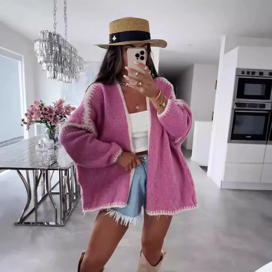 

Nordic Autumn and Winter New Style Coarse Needle Imitation Woolen Knitted Sweater Jacket Solid Color Loose Cardigan