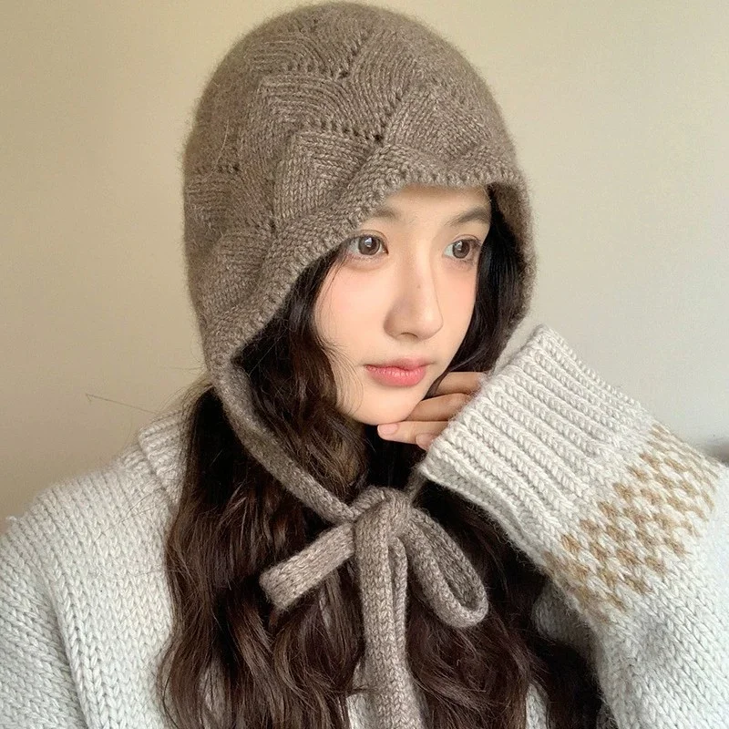 

Женская вязаная шапка на осень/зиму, шерстяная теплая шапка с завязками, повседневная шапка