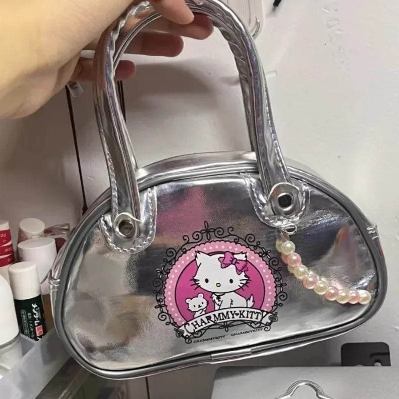 MBTI Hello Kitty Women Handbag Silver Small Vintage Summer Fashion Leather Boston Bag Pearl Sweet Cute Kawaii Cartoon Female Bag