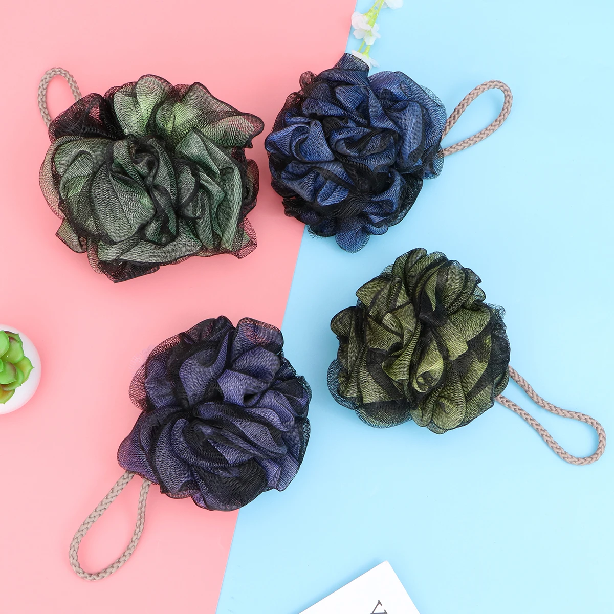 

4pcs Lace Bath Balls Pe Mesh Shower Sponges For Adult Durable Lightweight Colorful Home Bath Accessories With Strings Space