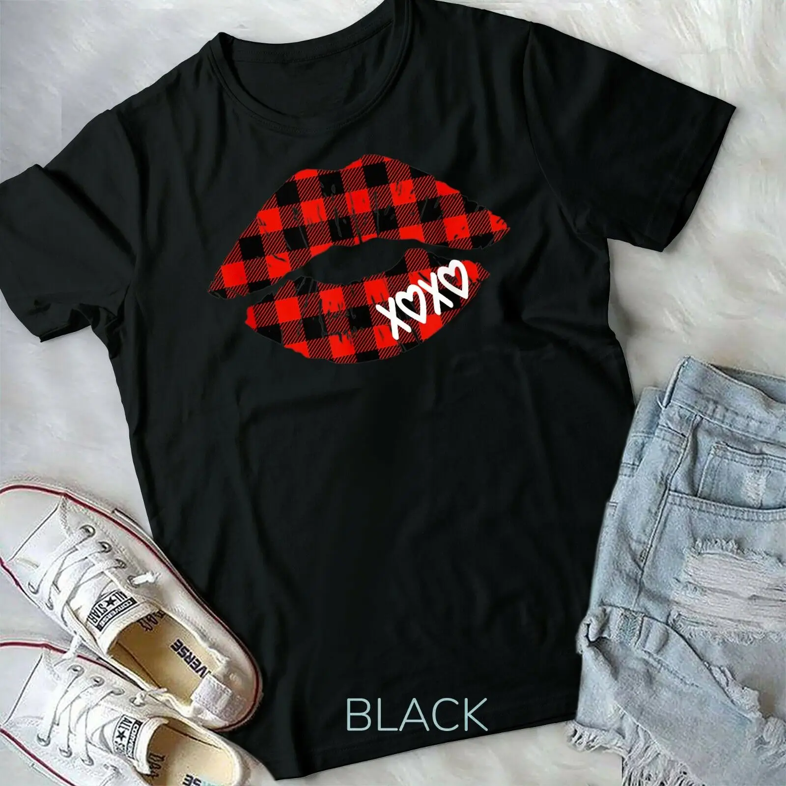 Red Buffalo Plaid Lips T Shirt Valentine Day XOXO Women Girl Unisex T-shirt