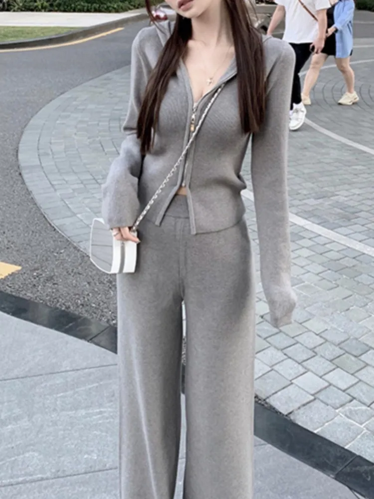 Women\'s Knitted Tracksuits Casual Hooded Jacket & High Waist Long Pants 2 Piece Set Femme Fashion Clothing Outfit