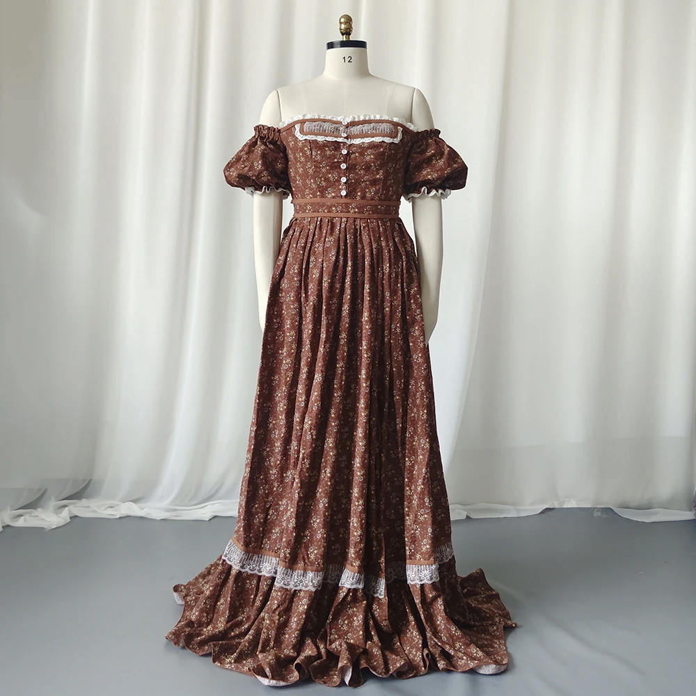 Gaun Hamil Elegan Pemotretan Gaun Hamil Lengan Lentera Bahu Terbuka Motif Bunga Vintage untuk Pakaian Wanita Baby Shower