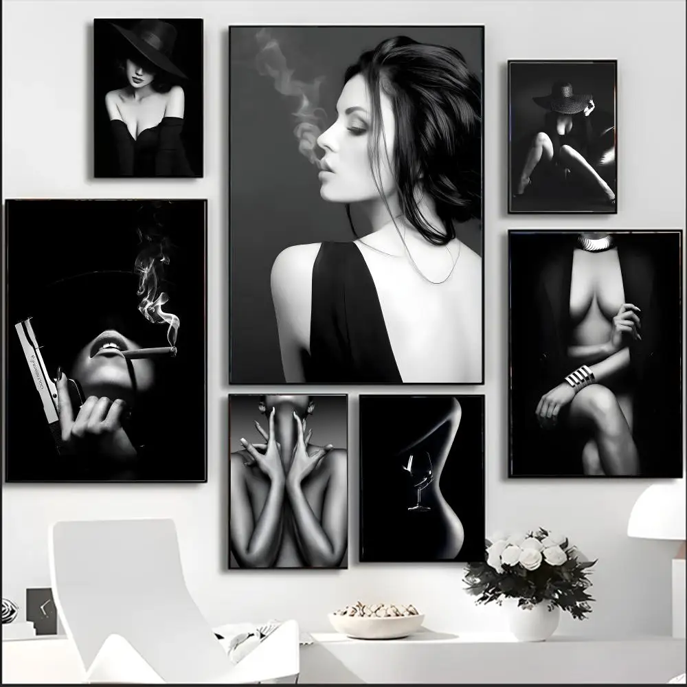 Female Smoking Sexy Nude Art Painting Calligraphy Canvas Poster Room Home Interior Wall Decoration Painting Art Mural Spaces