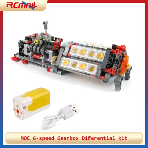 MOC 6-speed Gearbox Differential Gears Technology Building Blocks Parts Transmission V16 Engine Assembly Bricks M/L Motor