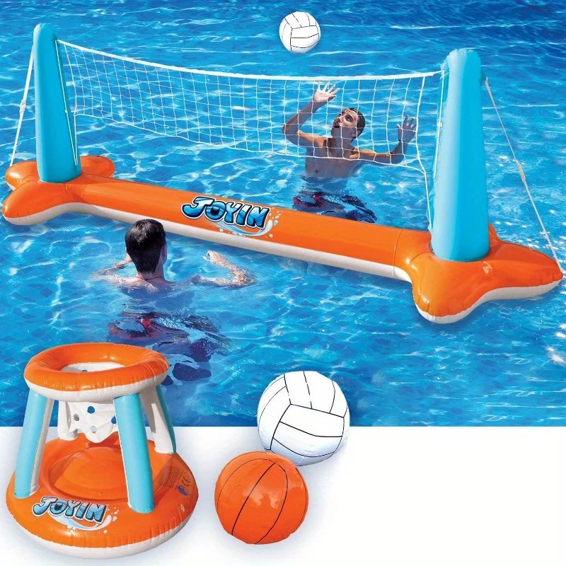 Sloosh Aufblasbares Pool-Float-Set mit Volleyballnetz & Basketballkörben – Schwimmende Party-Spiele & Aktivitäten für den Sommer