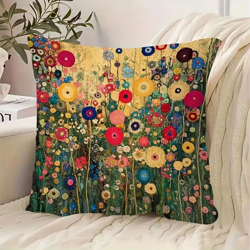 1pc Vintage Gustav Klimt Flower Pillow Cover 2D Double-Side Print Polyester Cushion Case for Home Car Interior Sofa Bedroom Deco