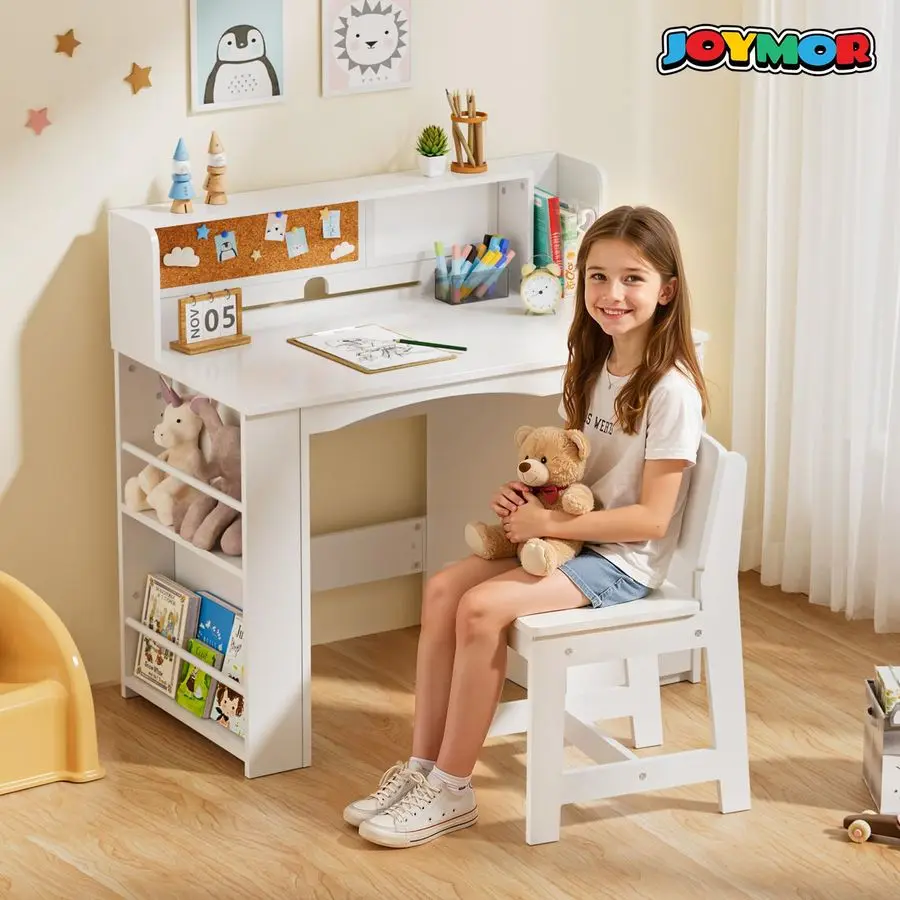 Kids Desk and Chair Set with Bookshelf, Kids Study Desk with Chair with Storage Cabinet, Student Writing Table for Study amp Cra