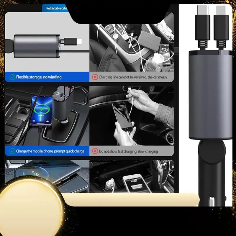 

Retractable Car Charger 4-In-1 Fast Charger With Dual Type-C Cables And 2 Charging Ports With Voltage Display