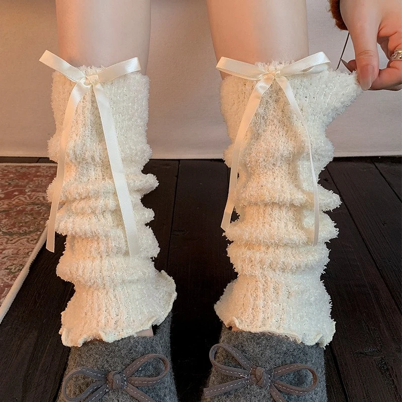 

1 Pair Women's Cotton Socks Covers Winter Fall Plush Thick Warm Black Leg Warmers Bow Knot Korean Style Calf-Length Leg Warmers