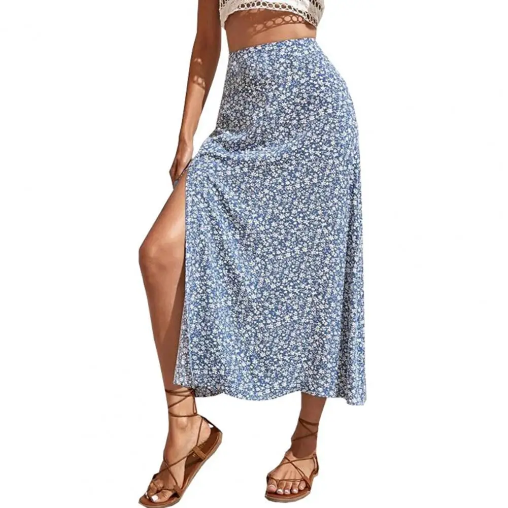 

Summer Women Long Skirt High Split Mid Waisted Hip Wrap A Line Swing Print Skirt