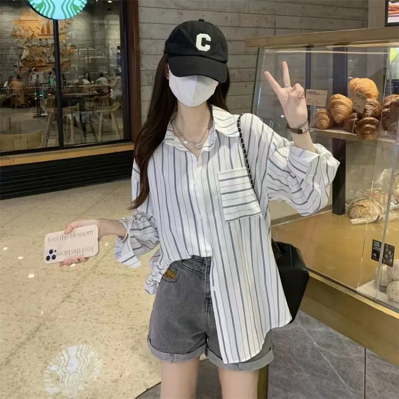 Striped Shirts & Blouses For Women Elegant Chic High Quality Clothing Trend 2025 Pretty Promotion Youth Cool Button Up Woman Top