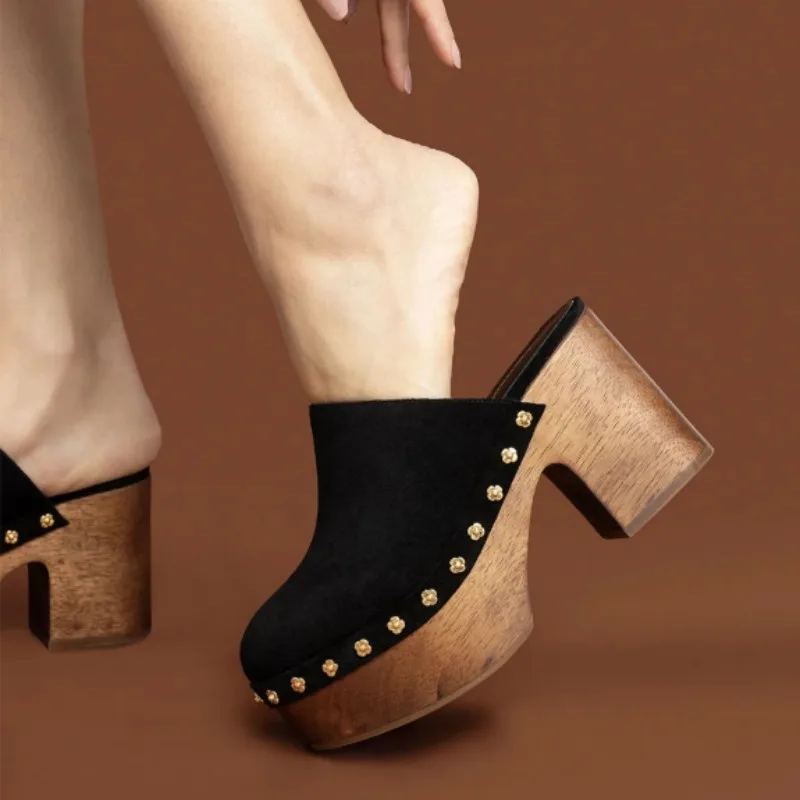 

DIZHUANG Sexy women's high-heeled slippers. Black suede slippers About 11cm heel height Closed toe slippers. Fashion show casual