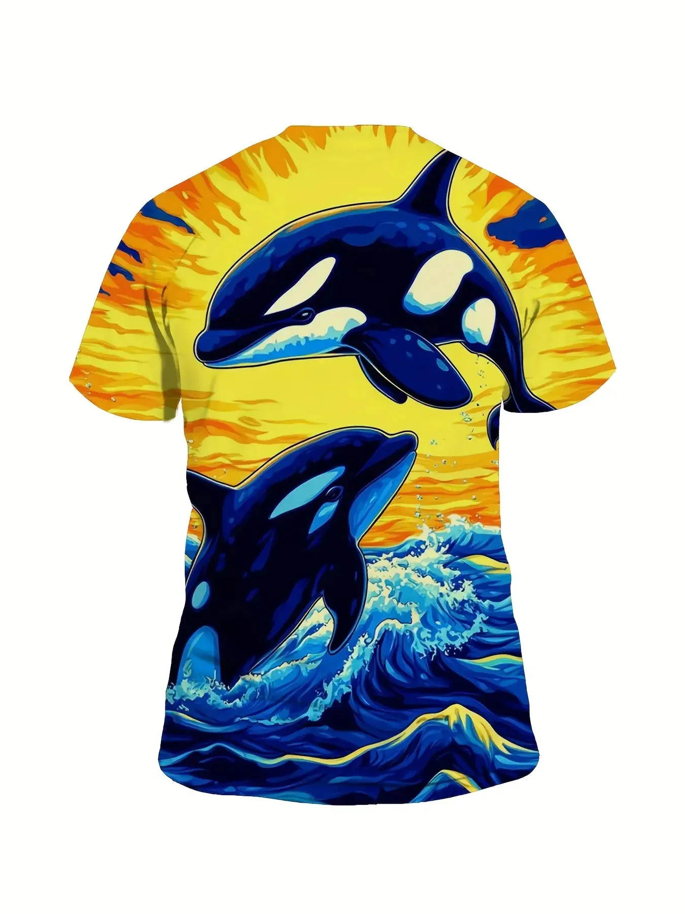 Men Short Sleeve T‑Shirt Vibrant Orca Killer Whale Ocean Wave Sunset Art Crew Neck Tops