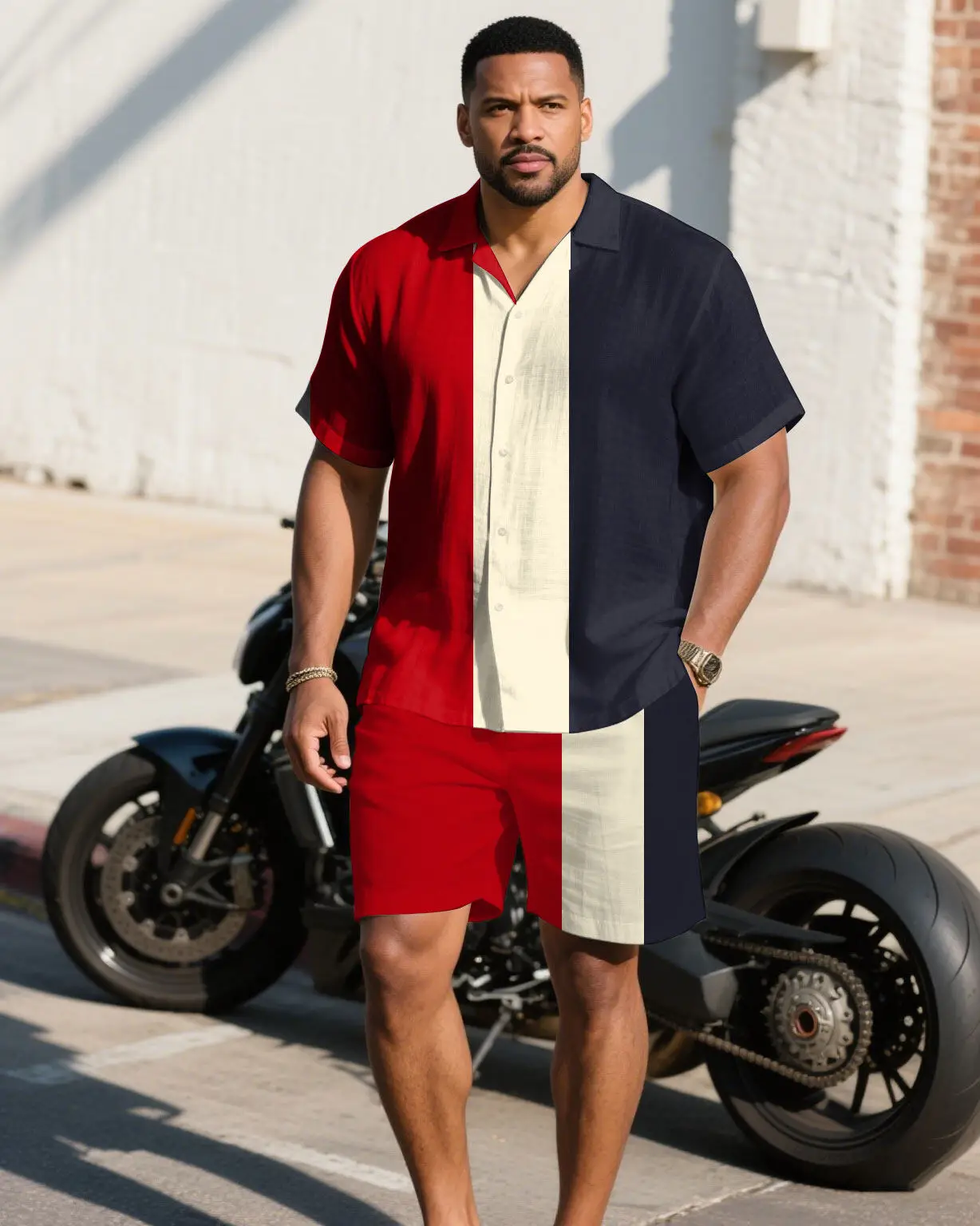

S-9XL Big and Tall Men Modern Color Block Print Shirt Shorts Set Multi-Color Casual 2-Piece Outfit