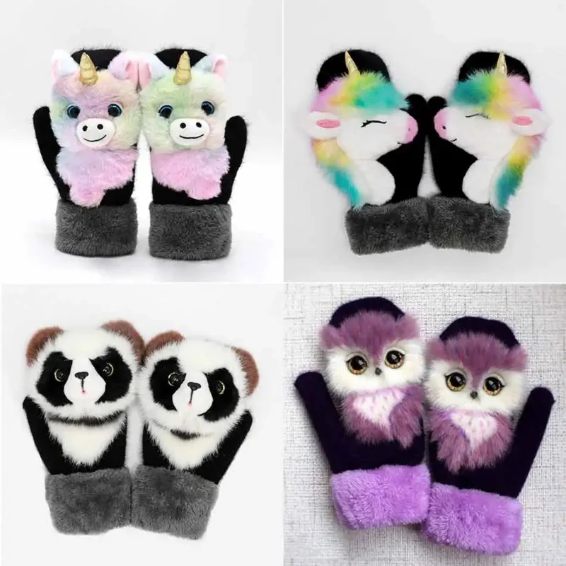 Female Warm Winter Gloves with Unicorn Animals Cat Fox Dog Girls Faux Fur Turn Cuff Extended Length Mittens 22cm