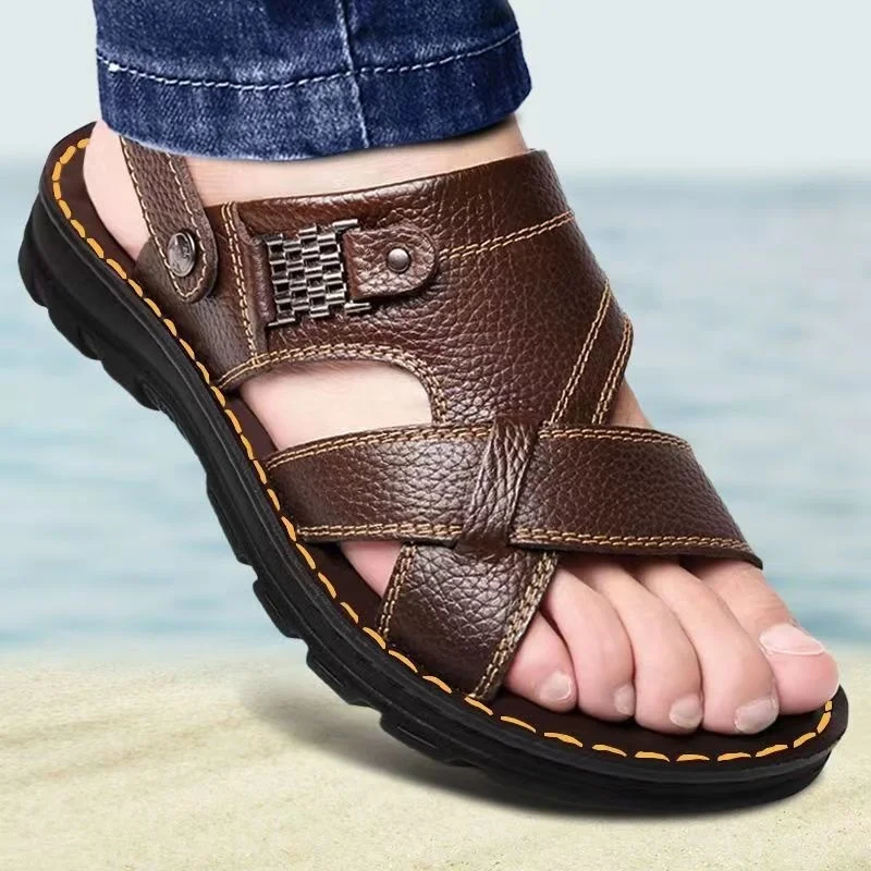 

Men's Sandals 2024 Summer New Waterproof Non-slip Genuine Leather Soft Flat Slippers Breathable Casual Shoes Sandalia Masculina