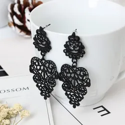 Vintage Bohemian Black Gold Color Hollow Geometric Stud Earrings for Women Ethnic Long Multilayer Earrings Female Party Jewelry