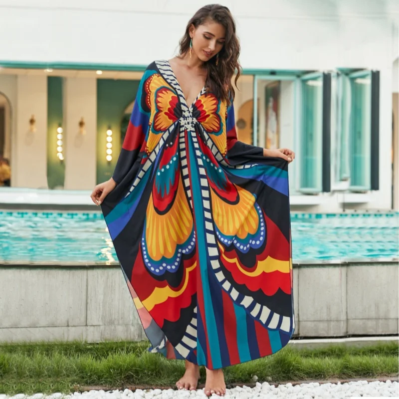 女性用ビーチ外出用ドレス カフタン チュニック 着物 ルーズ水着 ビキニ カバーアップ ロング水着 ドレス ボヘミアンスカート プリント
