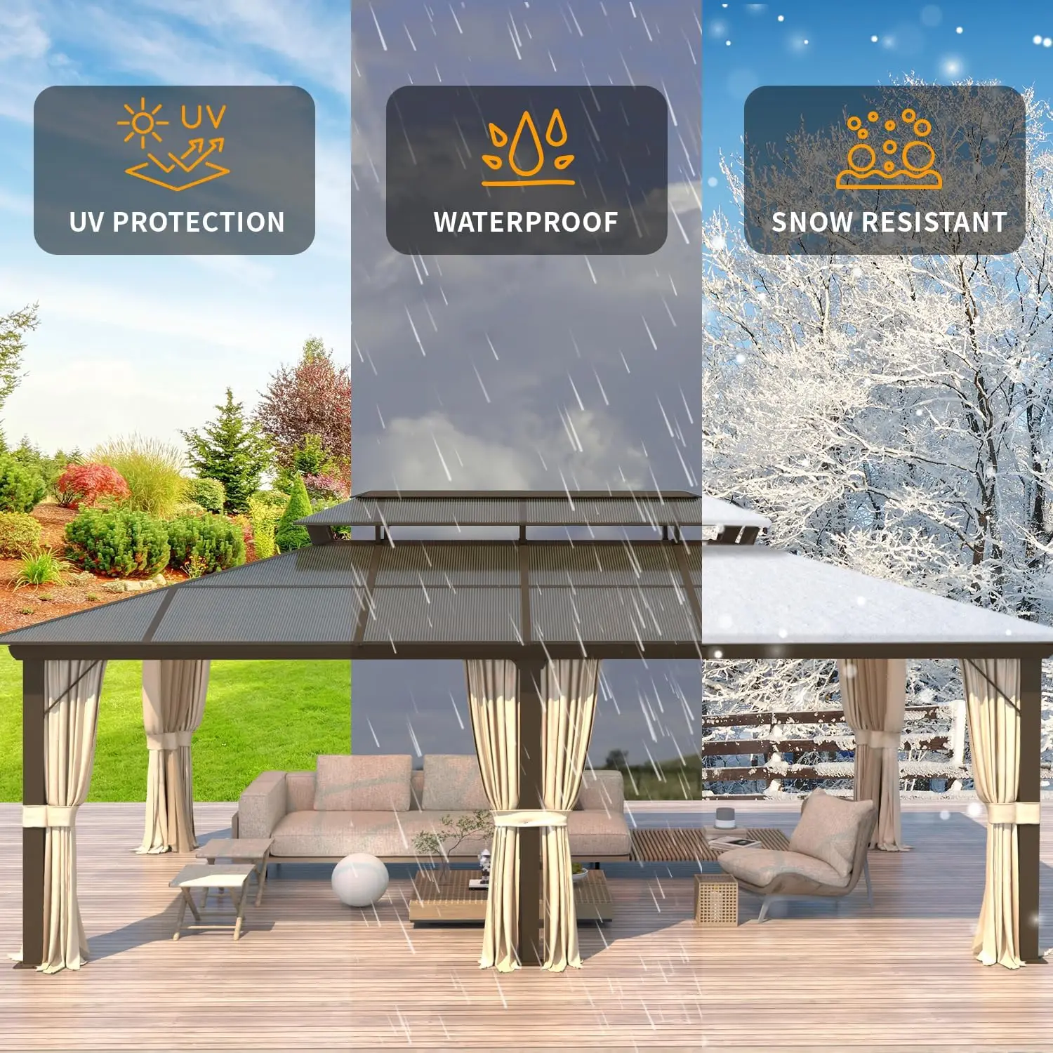 شرفة صلبة مقاس 12 × 20 بوصة، مظلة سقف مزدوجة من البولي كربونات الخارجية، إطار من الألومنيوم جناح دائم مع ستائر و #4